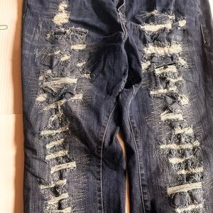 Dark Blue Distressed Denim Jeans - Torrid Plus Size Cropped Jeans